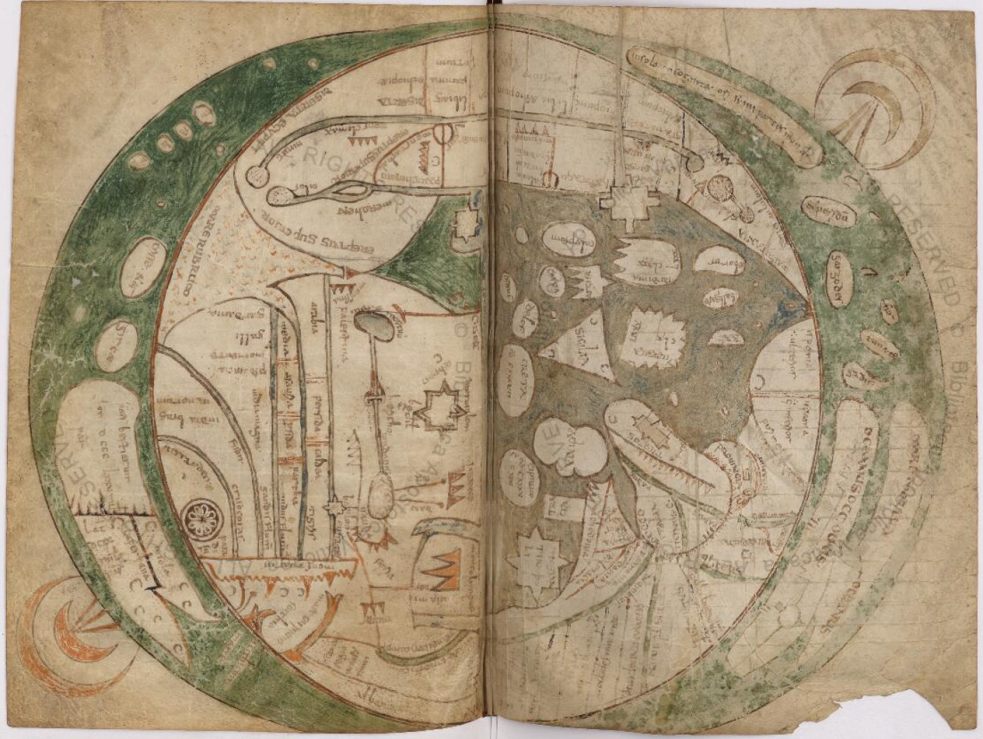Mapamundi contenido en el manuscrito Vat.lat.6018. Imagen reconstruida a partir de las páginas digitalizadas en Digita Vaticana.